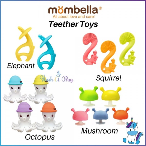 Mombella Full Silicone Teether Toy for 3+ Months Mushroom,Squirrel, Elephant, Octopus